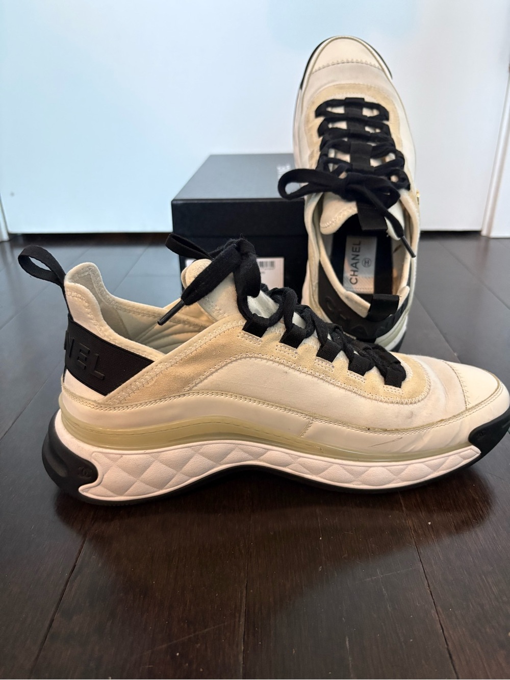 CHANEL Cream and Black Quilted-Trim Low Top Sneakers